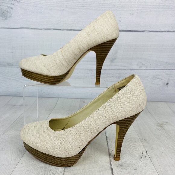 Kenneth Cole Reaction HIDDEN FILE Beige Platform Stacked High Heel Shoes Sz 7 M - Picture 3 of 14